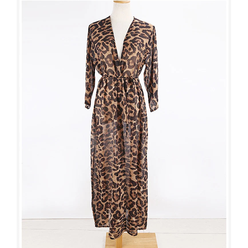 Elegant Leopard Printed Beach Cover Up, Long Dress Crafted from Lightweight Chiffon, Polyester Material with Leopard Pattern, True to Size Fit, Perfect for Women and Adult Age Group, In Stock with Free Shipping, Brand New Condition, Ideal for Seamless Transition from Beach to Café