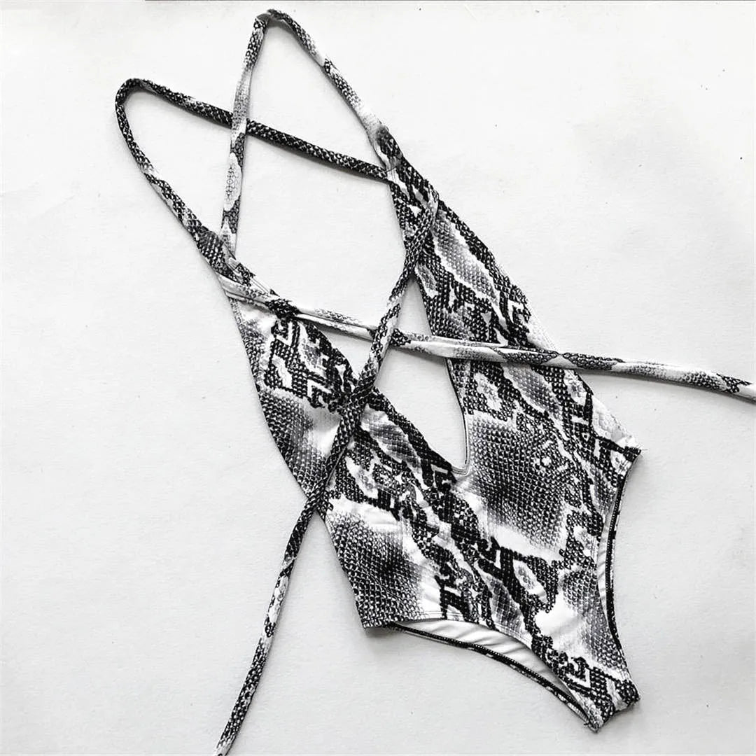 Exotic One-Piece Swimsuit with Eye-Catching Snake Print, Long Strap Wrap-Around Design for Custom Fit, Elegant and Sophisticated Swimwear, Material Nylon, Spandex, Lycra, Print Pattern, Wire Free, Padded with Adjustable Straps, Fits True to Size, Available in Black, Leopard, Red Snake, Hot Pink Leopard, Multicolor