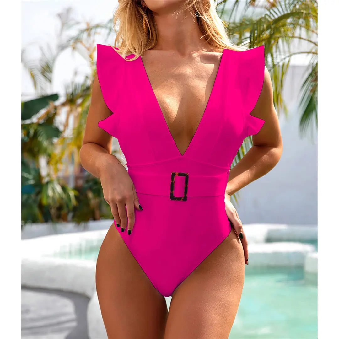 Ruffled White Deep V One-Piece Swimsuit with Belt, Elegant Monokini Made of Nylon and Spandex, Solid Pattern, Wire-Free Support, True to Size, Women&#39;s Swimwear, Comes with Padding, Available in Sizes Small, Medium, Large, Colors Available: Blue, Red, Black, Hot Pink, White, Multicolor, Free Shipping.