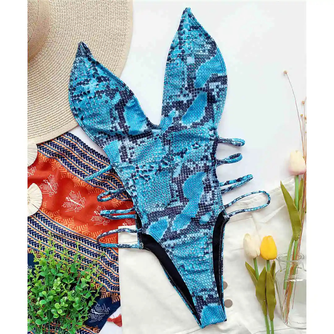 Snake Skin Monokini, High Cut One-Piece Swimsuit with Deep V Neckline, Made of Nylon and Spandex, Vibrant Snake Print, Wire-Free Support, True to Size, Women's Swimwear, Comes with Padding, Available in Sizes Small, Medium, and Large, Colors Available: Green, Blue, Snake Print, Orange, Multicolor, Free Shipping.