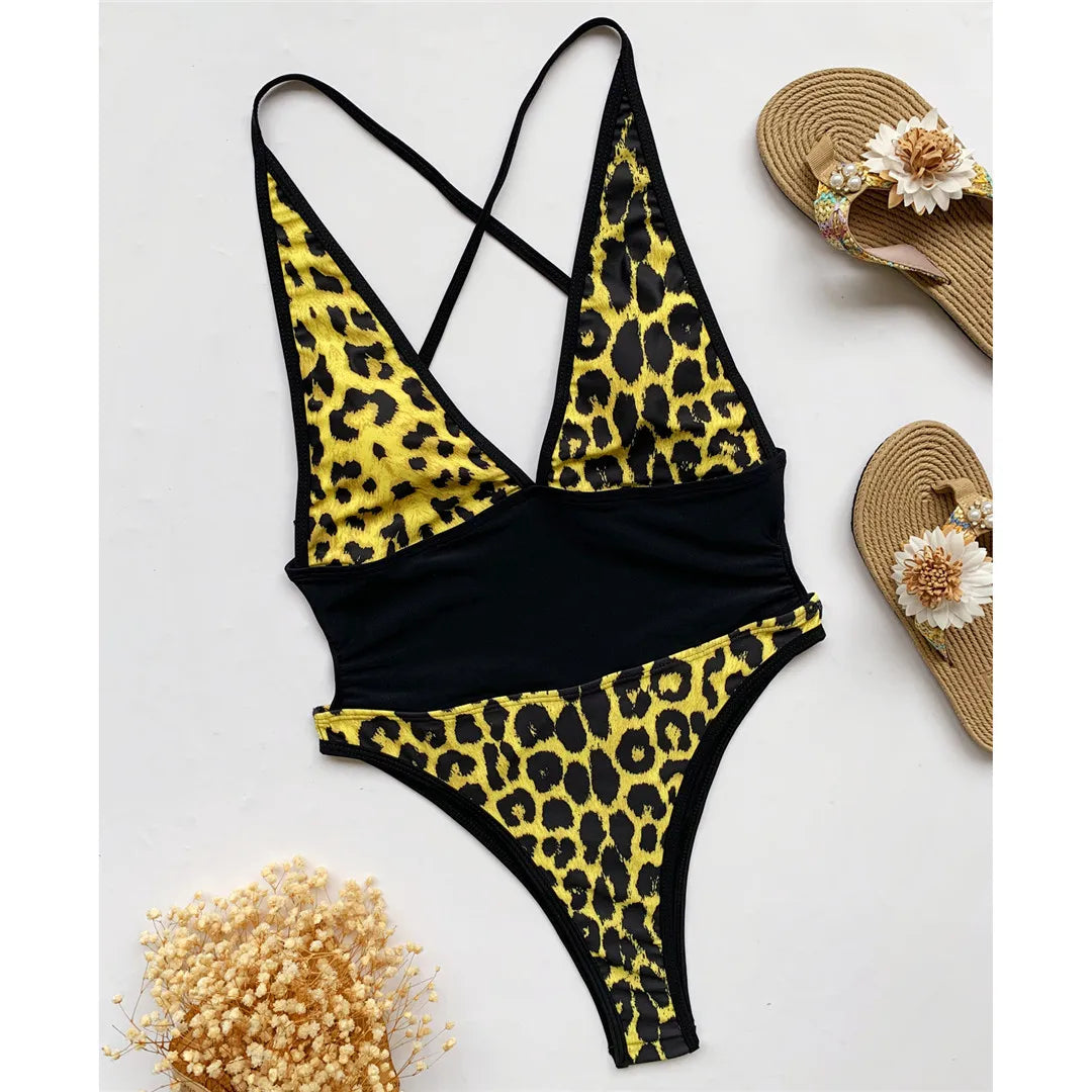 Elegant Splicing Leopard High Cut One Piece Swimsuit, Backless Monokini with Deep V-Neck, Made of Comfortable Nylon and Spandex, Featuring Leopard Print, Available in Yellow, Red, and Black Leopard designs, True to Size Fit, Wire-Free Support, Ideal for Women and Adult Age Group, In Stock with Free Shipping in New Condition