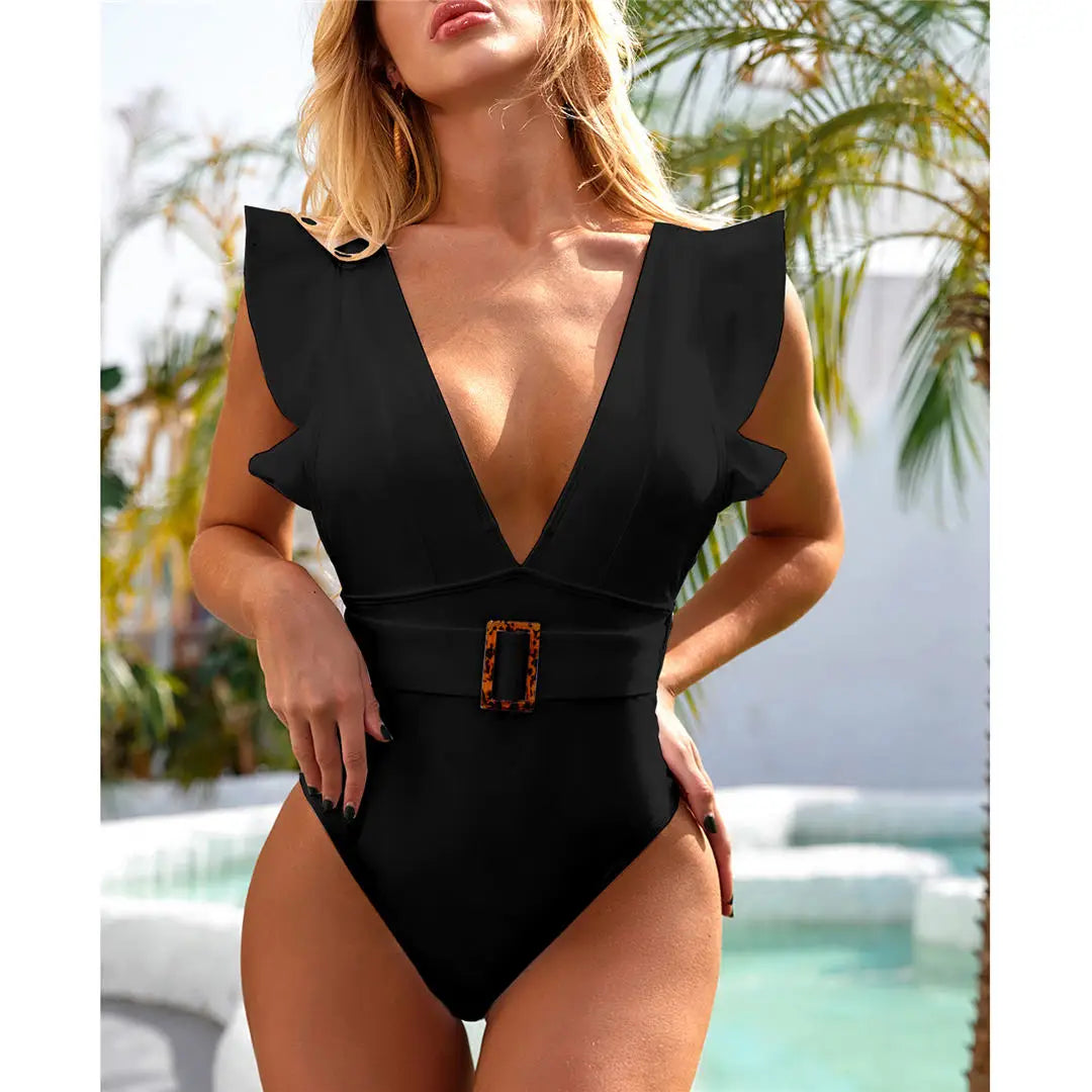 Ruffled White Deep V One-Piece Swimsuit with Belt, Elegant Monokini Made of Nylon and Spandex, Solid Pattern, Wire-Free Support, True to Size, Women&#39;s Swimwear, Comes with Padding, Available in Sizes Small, Medium, Large, Colors Available: Blue, Red, Black, Hot Pink, White, Multicolor, Free Shipping.