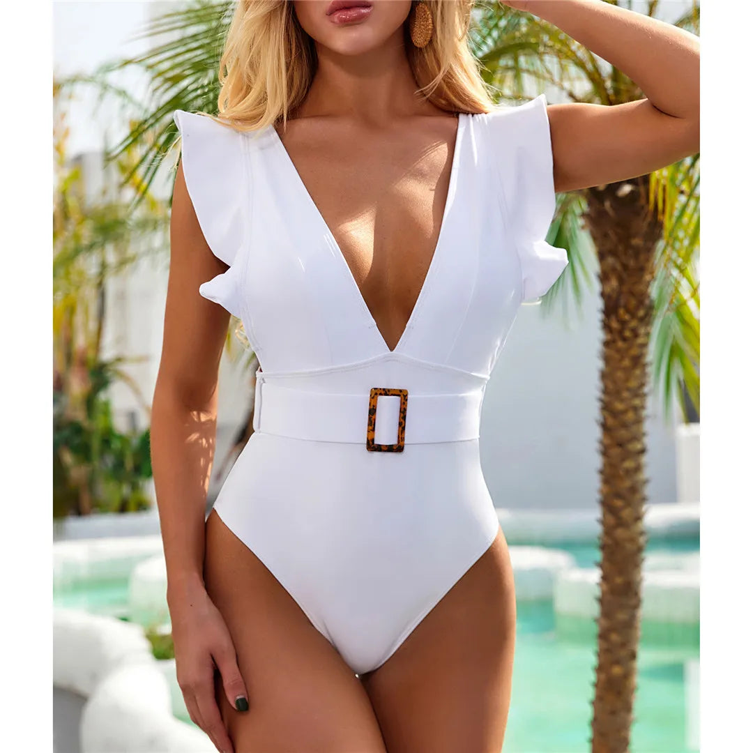 Ruffled White Deep V One-Piece Swimsuit with Belt, Elegant Monokini Made of Nylon and Spandex, Solid Pattern, Wire-Free Support, True to Size, Women's Swimwear, Comes with Padding, Available in Sizes Small, Medium, Large, Colors Available: Blue, Red, Black, Hot Pink, White, Multicolor, Free Shipping.