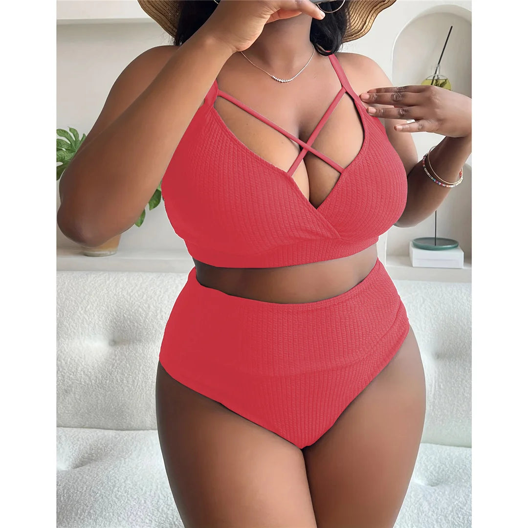 Flattering ribbed two-piece bikini set designed for women of all curves in sizes 0XL to 4XL. With its solid pattern and snug fit, this high-waisted bikini made from high-stretch nylon and spandex is a celebration of comfort and style. Available in colours Black, Green, Watermelon Red, and Yellow. Perfect for a stylish swim in any season.