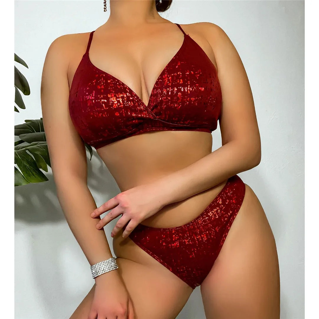 Shiny Sparkling Cross Back Brazilian Bikini Set for Women, Solid Wine Red Two-Piece Swimsuit, Wire Free with Low Waist, Fits True To Size, Available in Size S to L, Perfect for Glamorous Beach or Pool Days