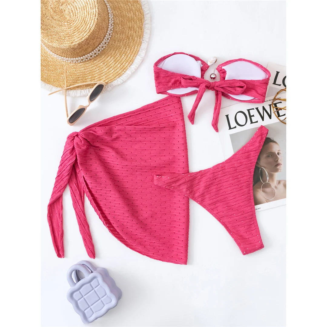 Bandeau Bikini Set with Sarong and Hollow Out Details in Hot Pink and Beige, Made from Nylon and Spandex, Three Piece Swimwear, Wire Free Support, Low Waist, Fits True to Size, Available in Sizes S to M and L, Perfect for Women, New and In Stock, Free Shipping Available