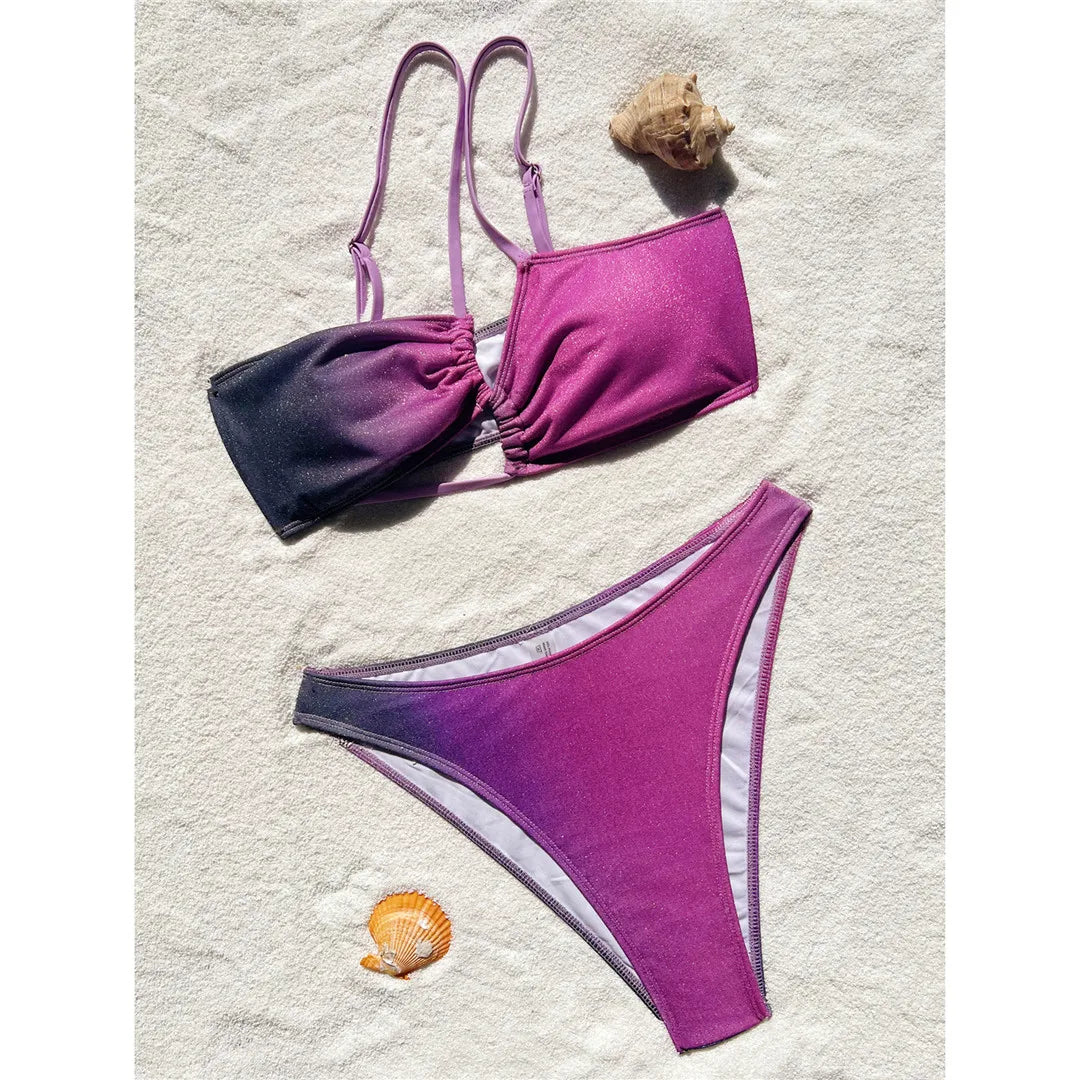 Colorful Gradient One Shoulder Brazilian Bikini Set in Purple, Features a Modern Asymmetrical Design, Made of Nylon and Spandex, Wire Free Support, Low Waist Design, Fits True to Size, Available in Sizes XS, S, M, L, In Stock with Free Shipping, Ideal for Women Aged 18-35 and Adult Females