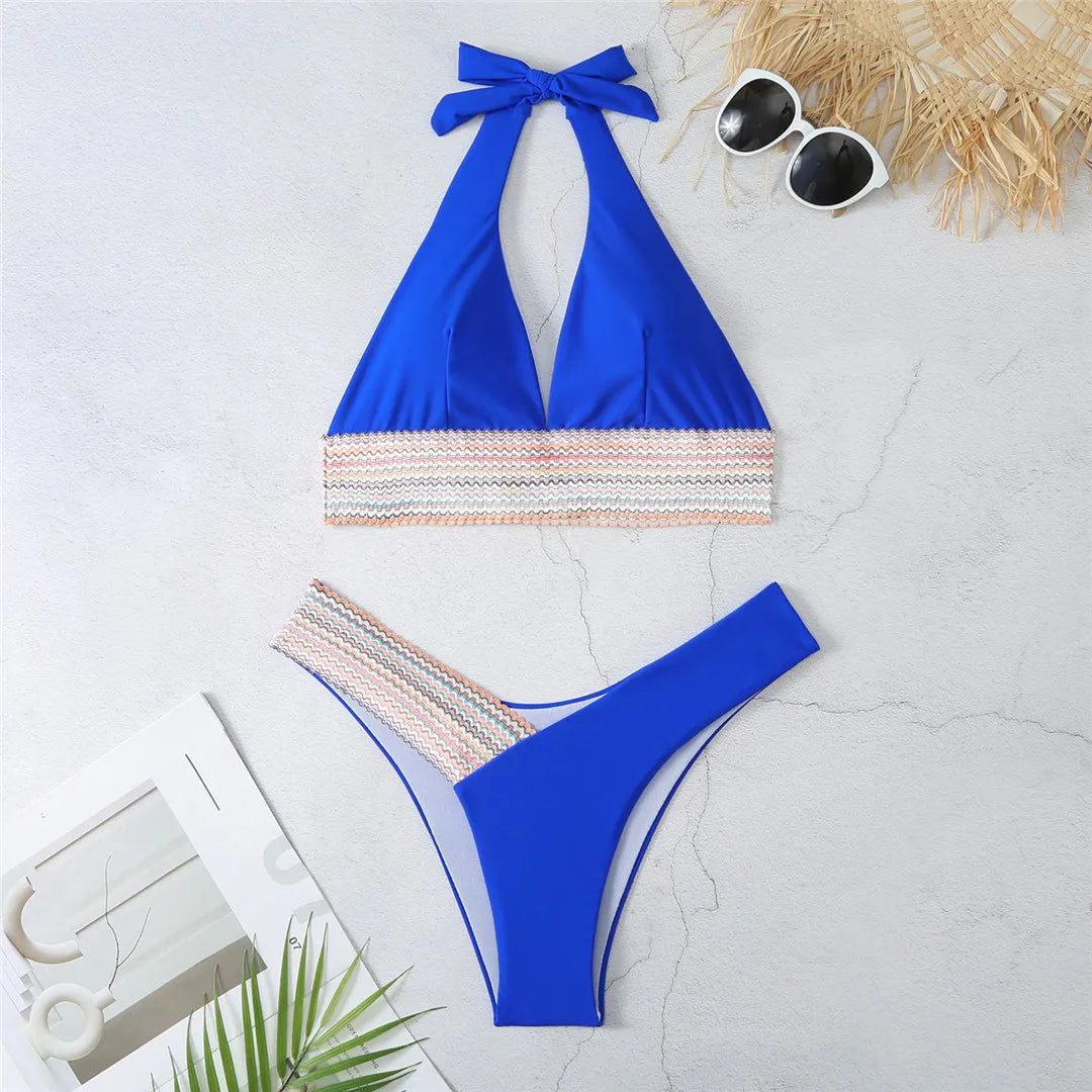 Splicing Halter Bikini Set for Women, V Neck Two-Piece Swimwear in Black, Royal Blue, Orange, Pink, and White, Low Waist and Patchwork Design for Stylish and Versatile Beachwear