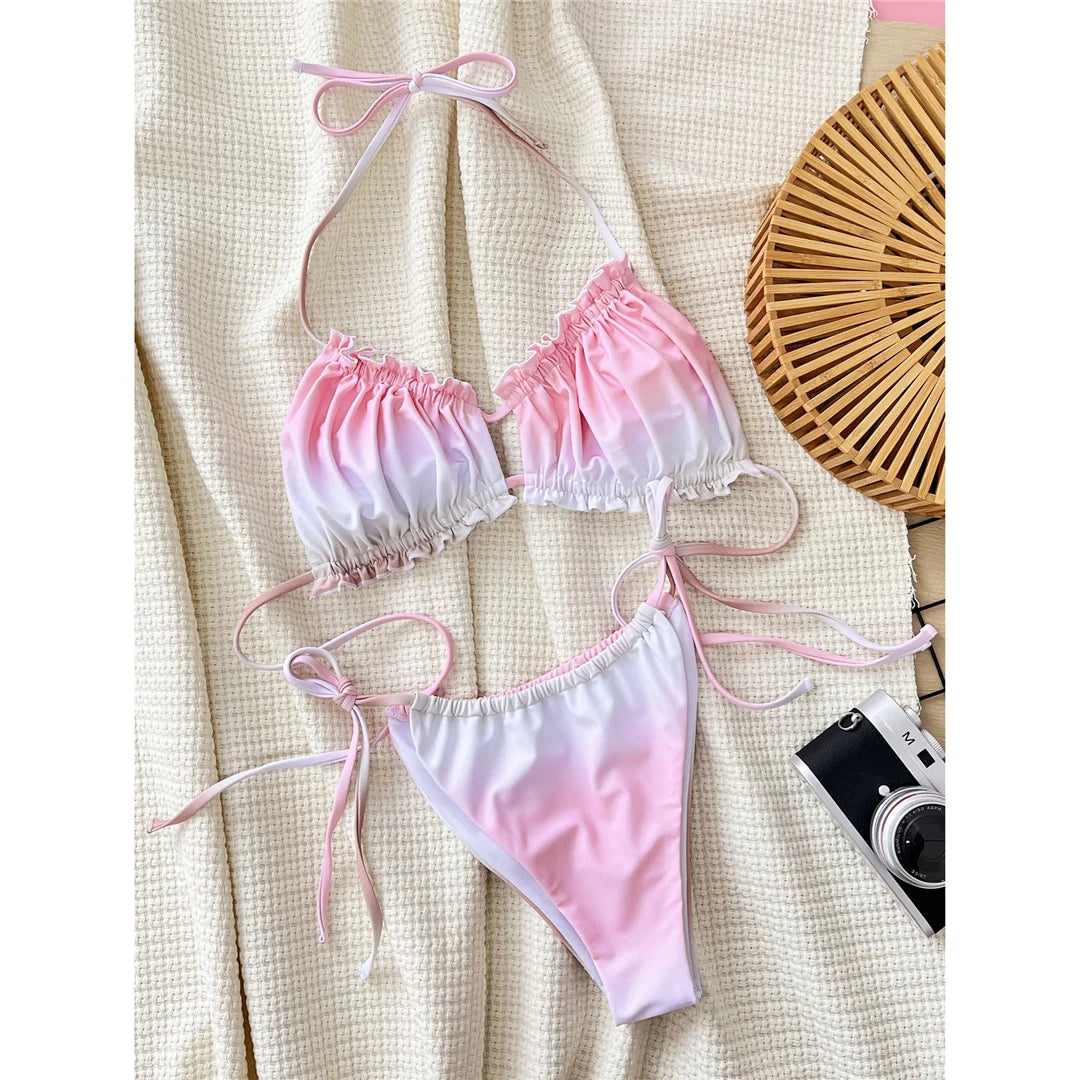 Enchanting Ruffled Frilled Gradient Halter Bikini Set in Pink and White, Two-Piece Swimwear with Low Waist Design, Made of Nylon and Spandex, Wire Free with Pad, Ideal for Women, Available in Sizes S to L, Multi-color