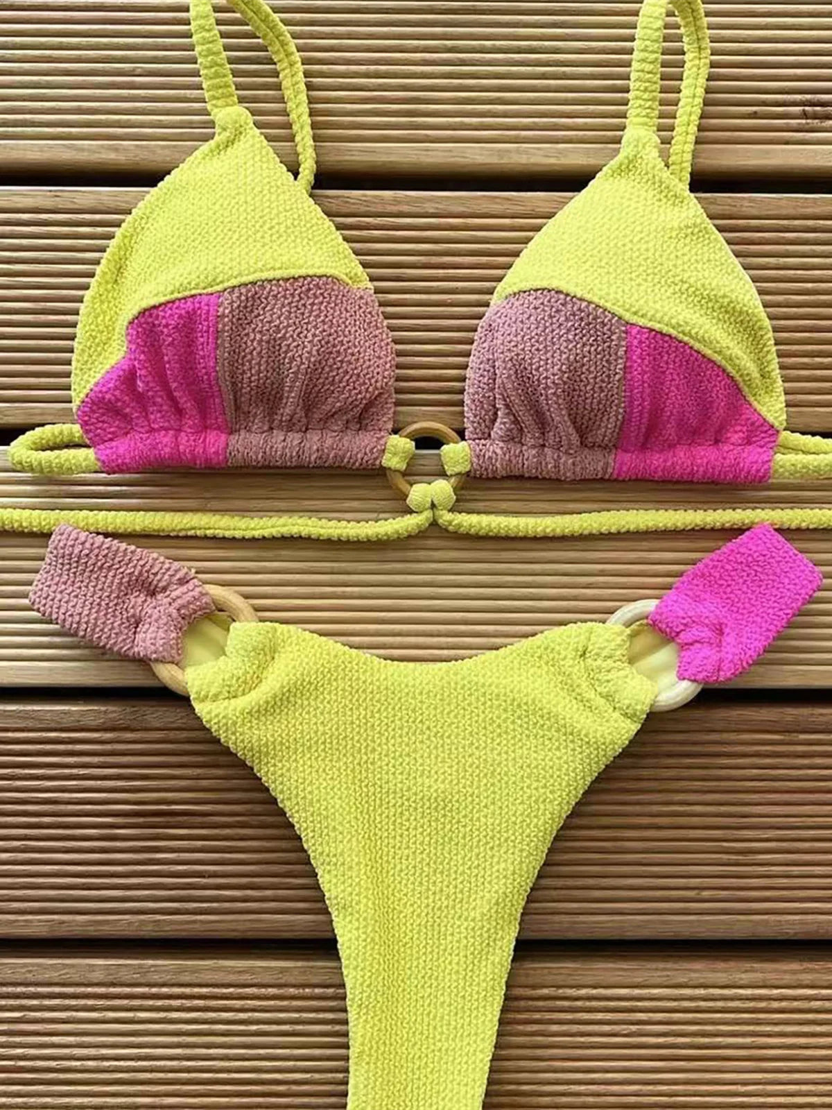 Crinkled Splicing Brazilian Bikini Set with stylish patchwork design, crinkled texture, low waist, wire-free, perfect for standout beach or poolside style.