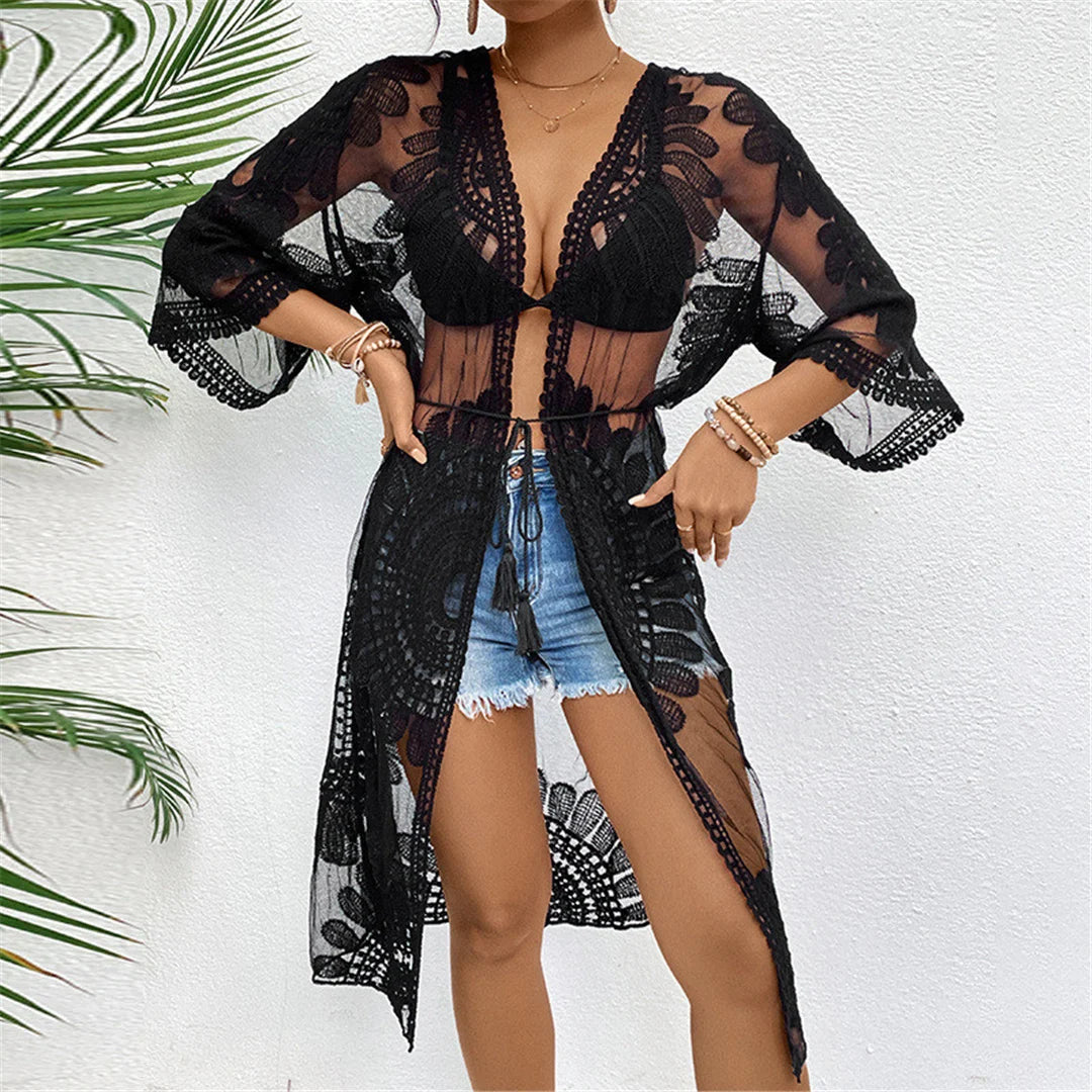 Embroidery Half Sleeve Chiffon Cardigan Tunic - Elegant chiffon beach cover-up with intricate embroidery, ideal for summer wardrobe, nylon polyester cotton blend, solid pattern for poolside or shore strolls.