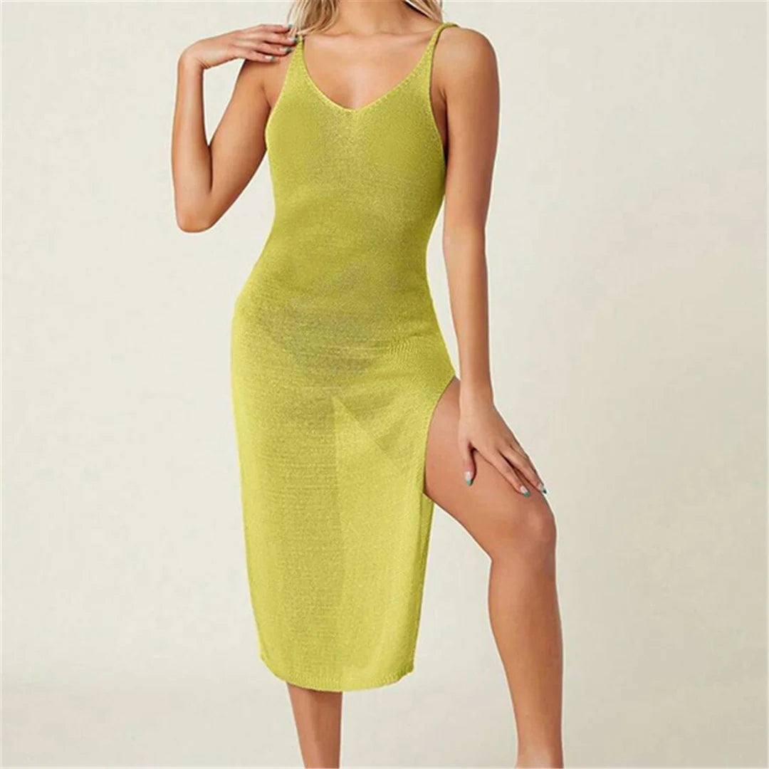 Stunning Backless High Split Tunic Beach Cover-Up in White and Green, Crochet Knitted from Nylon, Polyester, and Cotton, Captivating Beach Dress for the Fashion-Conscious Sunseeker, Fits True to Size, Available in Sizes S to L for Females