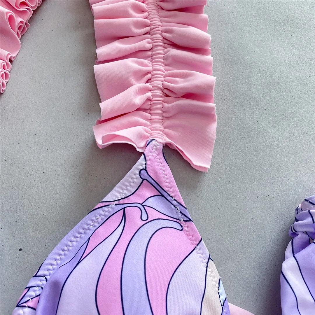 Playful Skirt Print Ruffled Frilled Bikini Set featuring Favourite Three Piece Ensemble, Comfortable Nylon and Spandex Material, Wire Free Support for Women, True to Size Fit, Available in sizes S, M, L, In Stock with Free Shipping, Ideal Beachwear for Adults aged 18-35, Offered in Blue and Purple