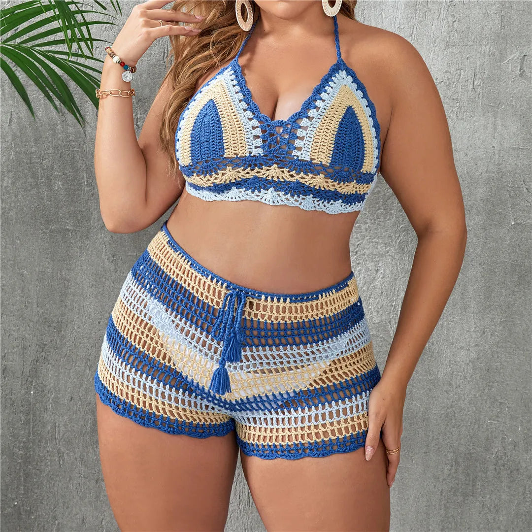 Plus size halter bikini set in solid color, made with high-stretch Nylon and Spandex for comfortable fit. Fits true to size, wire free, with high-waist bottoms. Perfect for women and girls during all seasons. Comes with free shipping and in Blue and Light Blue color options.