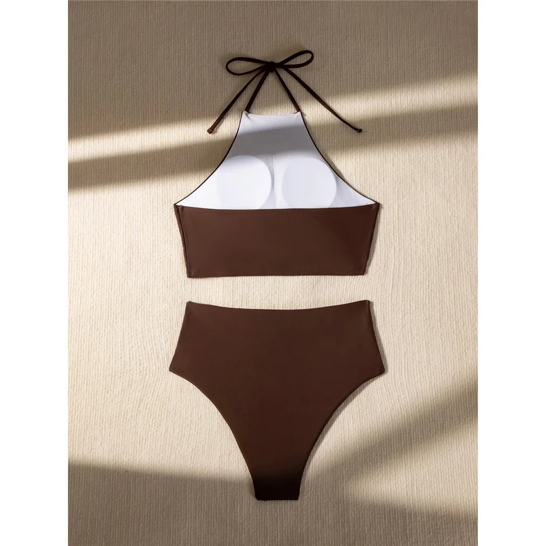 Halter Wrinkled High Neck Bikini Set in Coffee, Made of Nylon and Spandex, Wire Free and High Waist, Fits True to Size for Women aged 18-35 and Adults, Available in Stock with Free Shipping