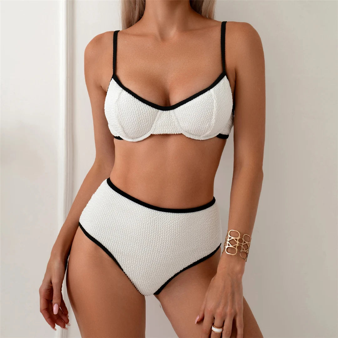 Alluring Wrinkled Crinkled Underwired High Waist Bikini Set in White, Made of Nylon and Spandex, Offers Perfect Fit for Women, True to Size, Available in Sizes S, M, L, In Stock with Free Shipping, Ideal for Women Aged 18-35 and Adult Females