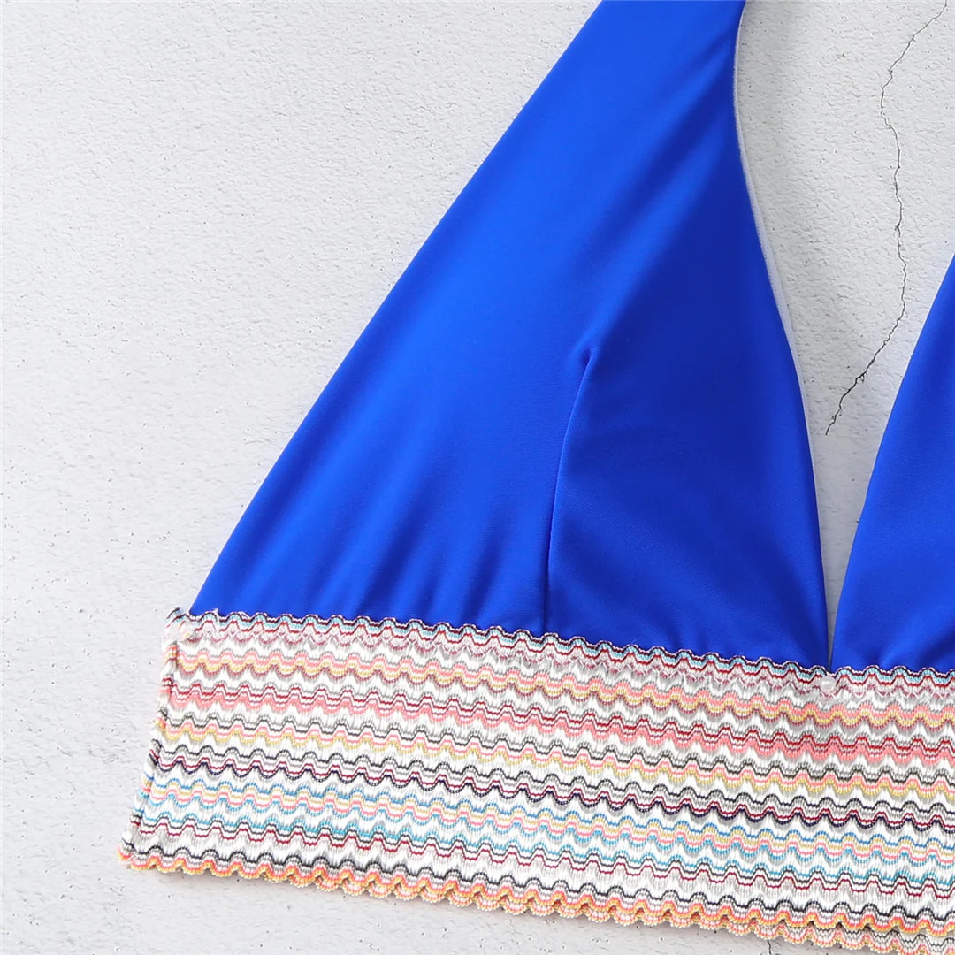 Splicing Halter Bikini Set for Women, V Neck Two-Piece Swimwear in Black, Royal Blue, Orange, Pink, and White, Low Waist and Patchwork Design for Stylish and Versatile Beachwear