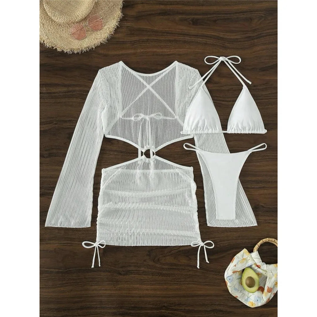 Halter Bikini Set with Long Sleeve Cover Up for Women, Three Piece Solid Black, Dark Gray, Gray, White Swimwear, Wire Free with Low Waist, Fits True To Size, Available in Size S to L, Perfect Fusion of Comfort and Style