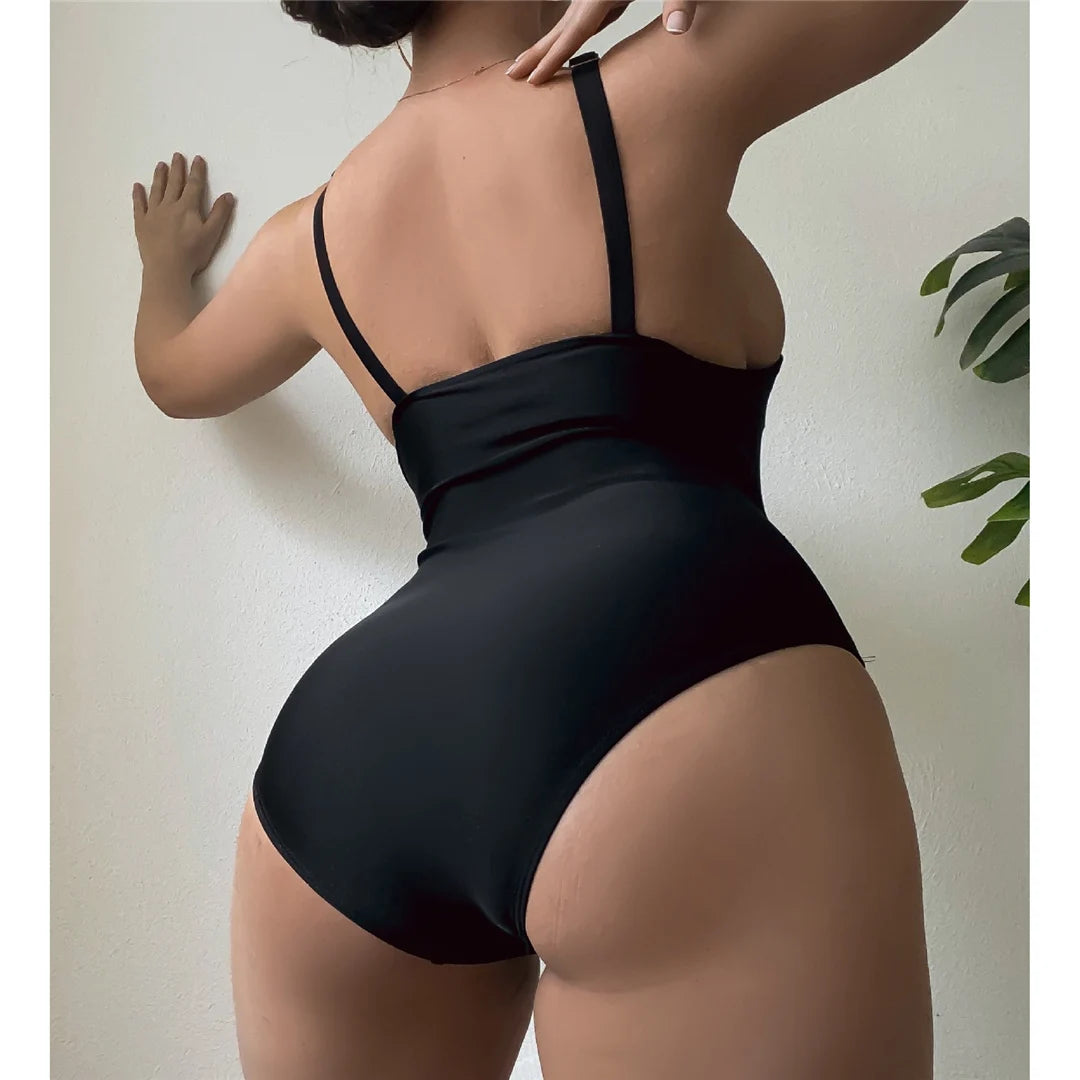 Splicing Mesh Sheer One Piece Swimsuit in Black, With High Leg Cut and Monokini Style, Made from Nylon and Spandex, Features Patchwork Pattern, Available in Sizes S to XL, Free Support Type and Padded, Fits True to Size for Women aged 18-35 and Adults, In Stock with Free Shipping