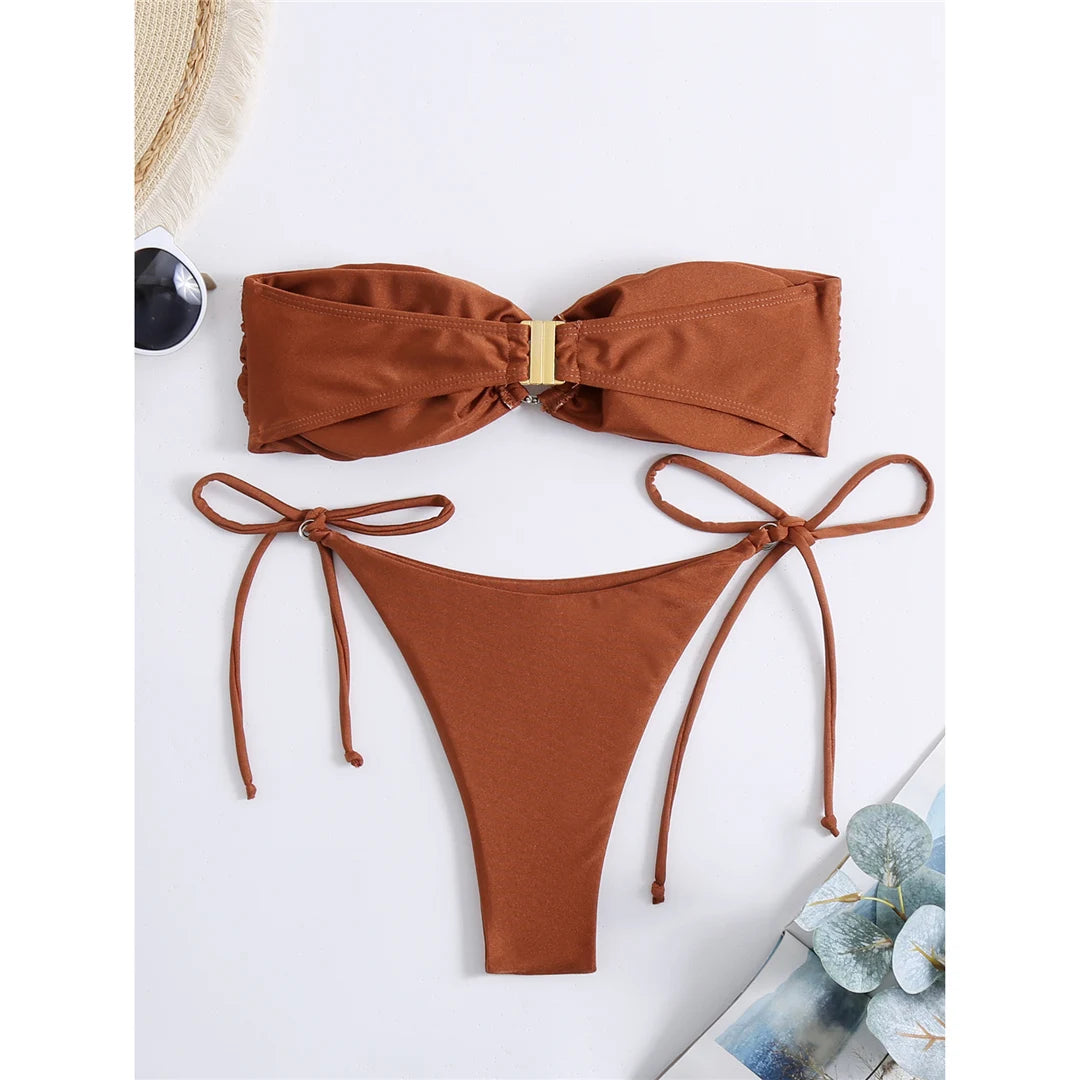 Trendy Bandeau Bikini Set with High-leg Cut, Strapless Look, Solid Pattern, Material of Nylon and Spandex, Wire Free Support, Low Waist, Women's Swimwear, Fits True to Size, Comes with Pad, Available in Sizes S, M, L, Colors Red, Coffee, and Multicolor. Ideal for Women, Aged 18-35 and Adults, New Condition, In Stock, Free Shipping Available.