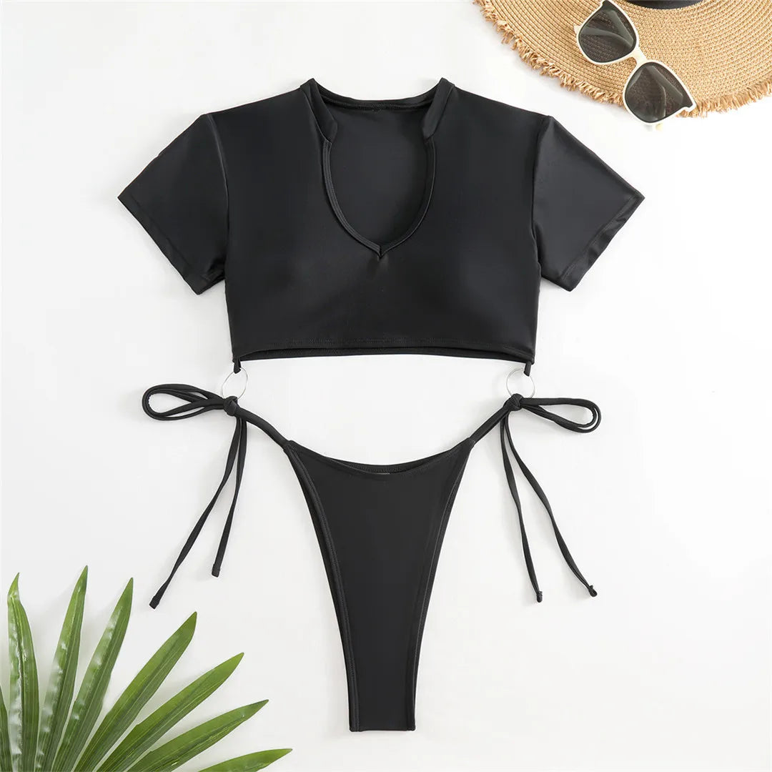 Extreme Mini Micro Thong Bikini Set for Women, Daring Low-Coverage Swimwear with Short Sleeves, Bold and Trendy Black Two-Piece Set for Minimalist Beach Style