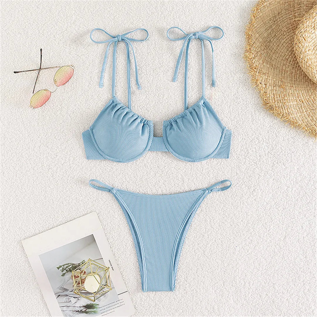 Underwired Ribbed High Leg Cut Bikini Set for Women, Solid Blue, Low Waist Swimwear, Offers Added Lift and Contemporary Feel, Available in Sizes XS to L, Perfect for Beach or Pool