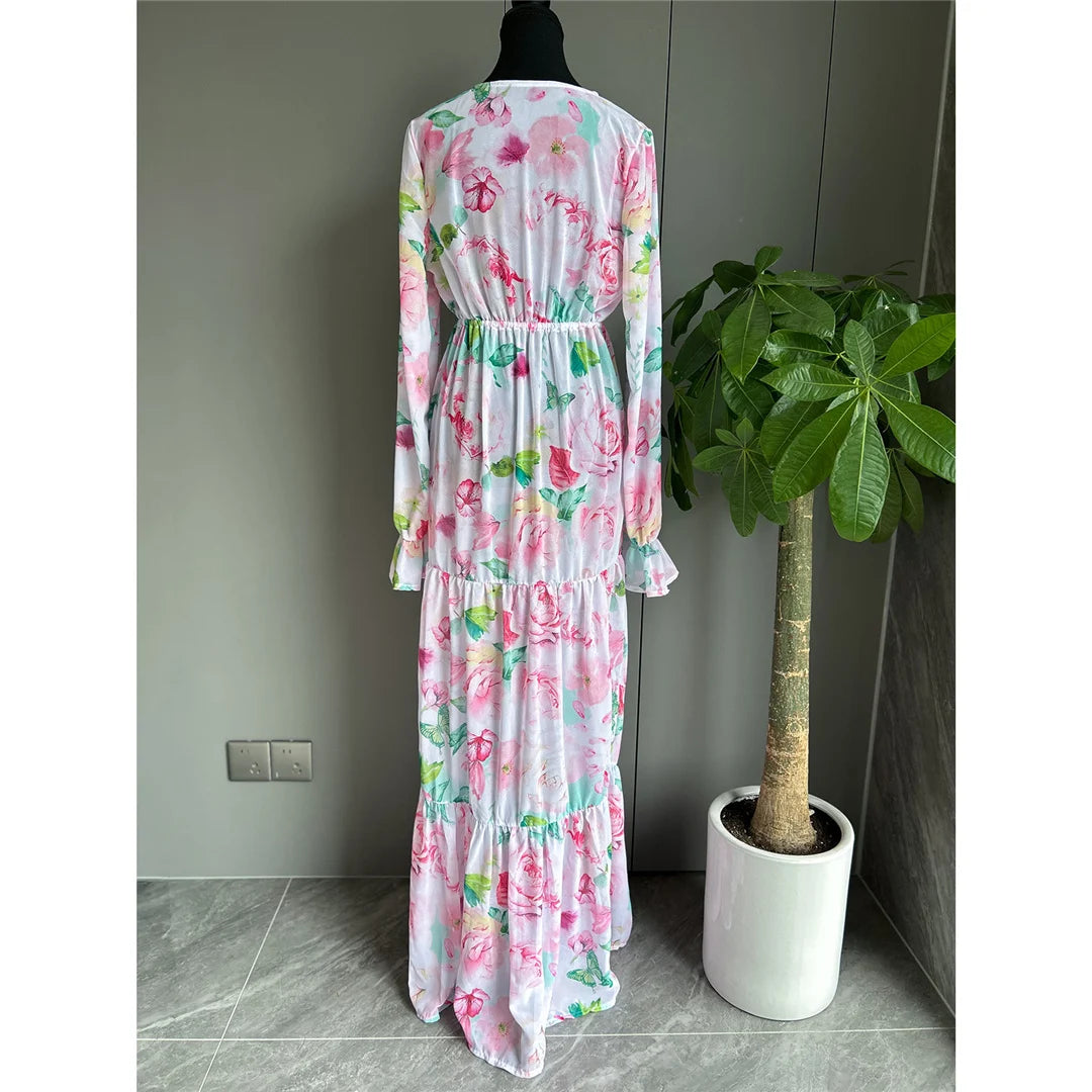 Chic Floral Printed Long Sleeve Tunic Beach Cover Up - CUVATI Chic Floral Printed Long Sleeve Tunic Beach Cover Up - CUVATI