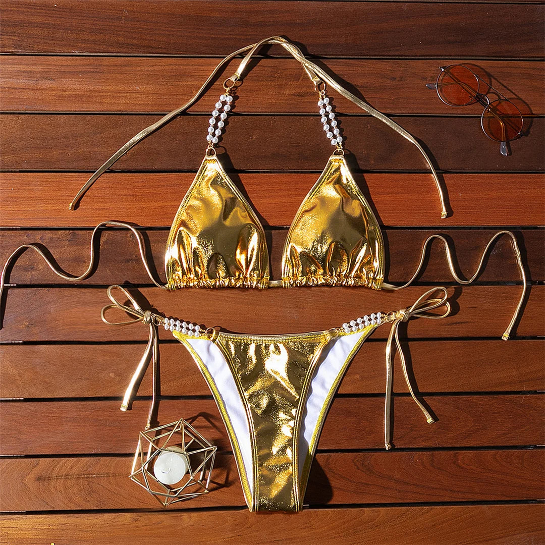 Pearls Halter PU Faux Leather Bikini Set in Gold, Two Piece, Made from Nylon and Spandex, Solid Pattern, Wire Free, Low Waist, True to Size, Available Sizes S, M, L, Ideal for Women, In Stock, FreeShipping, Perfect for Adults Aged 18-35