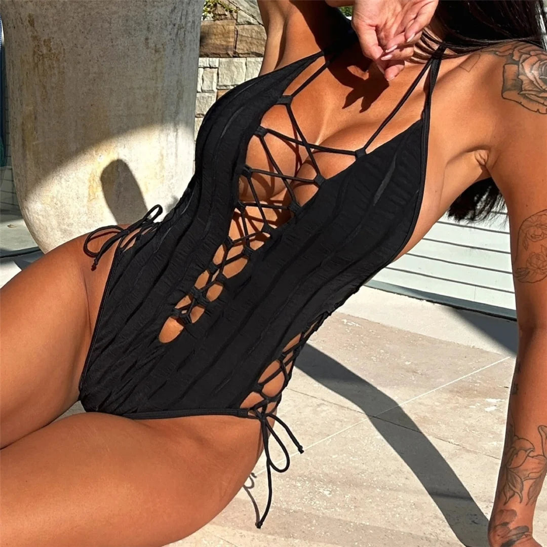 Wrinkled Lace Up Strappy Halter Monokini for Women, Elegant Black One-Piece Swimwear with High-Cut Leg, Textured Design with Flirtatious Charm for Beach Days