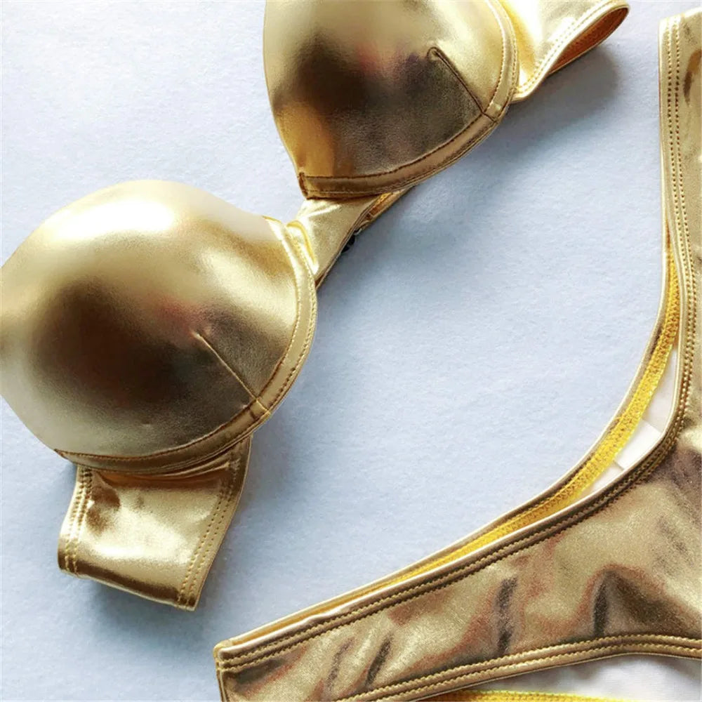 Luxe Shiny PU Faux Leather Bikini Set, Avant-garde Two Piece Women's Swimwear, Made of Comfortable Nylon and Spandex, Captivating Silver, Hot Pink, Green, and Gold Colors, Solid Pattern with Underwire Support for Comfortable Fit, True to Size, Low Waist Design, Bikini Set Complete with Pads, In Stock and Available for Free Shipping