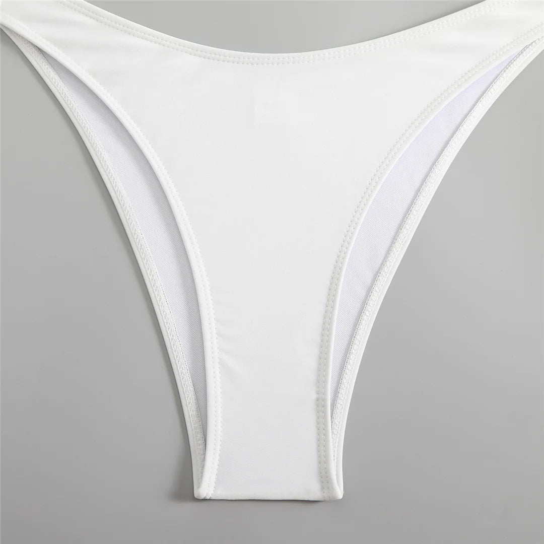 Pearls underwired bra cup Brazilian bikini set in solid black or white for an elegant and glamorous beach look with supportive cups.