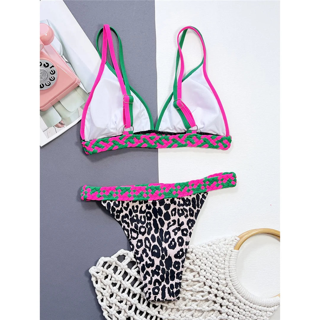 Leopard Printed Splicing High Leg Cut Bikini set with bold leopard print, Polyester Spandex material, patchwork pattern, wire-free, low waist design, accentuates figure for a striking look.