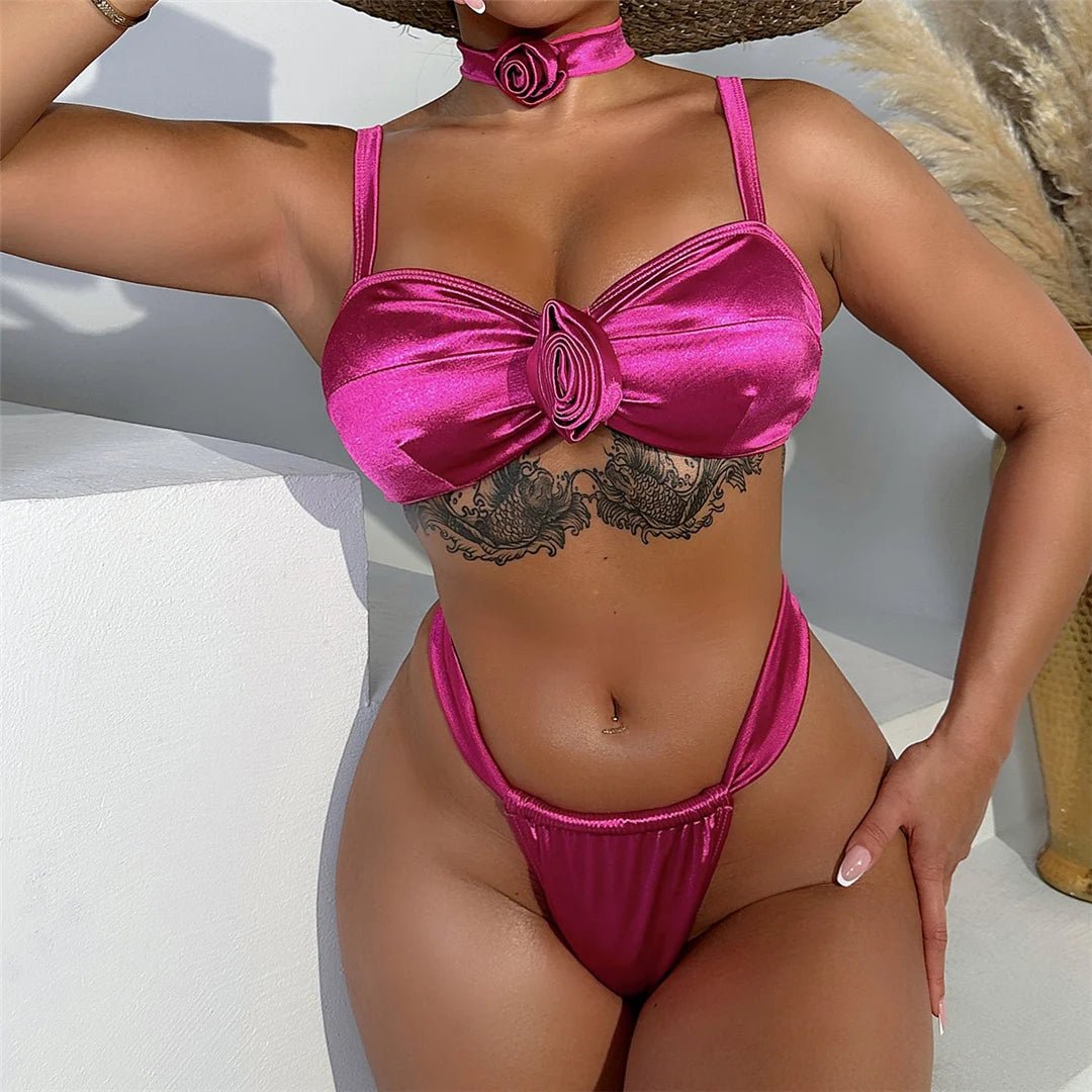 Stunning Two-Piece Bikini Set Adorned with 3D Flowers and Necklace Accent in Hot Pink for Women, Featuring a High Leg Cut Design. Crafted from Nylon and Spandex with a Wire Free Support and Low Waist Cut. Fits True to Size, and Comes with Padding for Extra Comfort. Ideal for Middle Aged Women. New and in Stock.