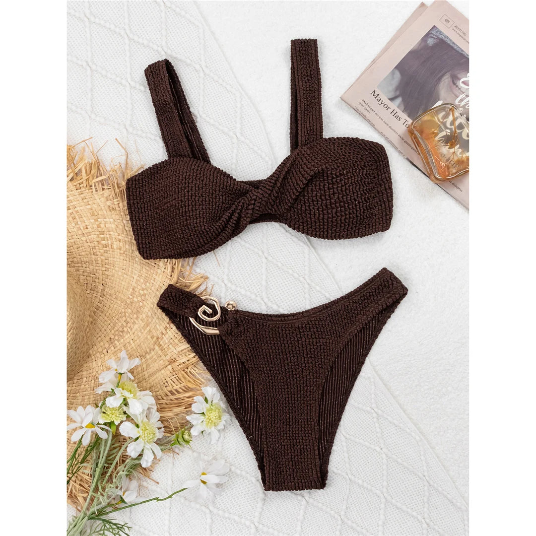 Crinkled Brazilian Bikini Set with trendy texture, flattering Brazilian cut, solid color, low waist, wire-free design for chic beach or poolside elegance.