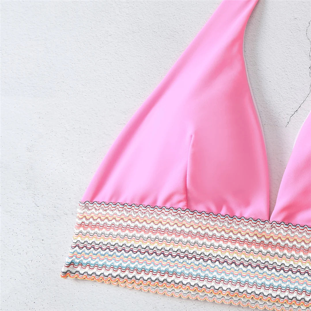 Splicing Halter Bikini Set for Women, V Neck Two-Piece Swimwear in Black, Royal Blue, Orange, Pink, and White, Low Waist and Patchwork Design for Stylish and Versatile Beachwear