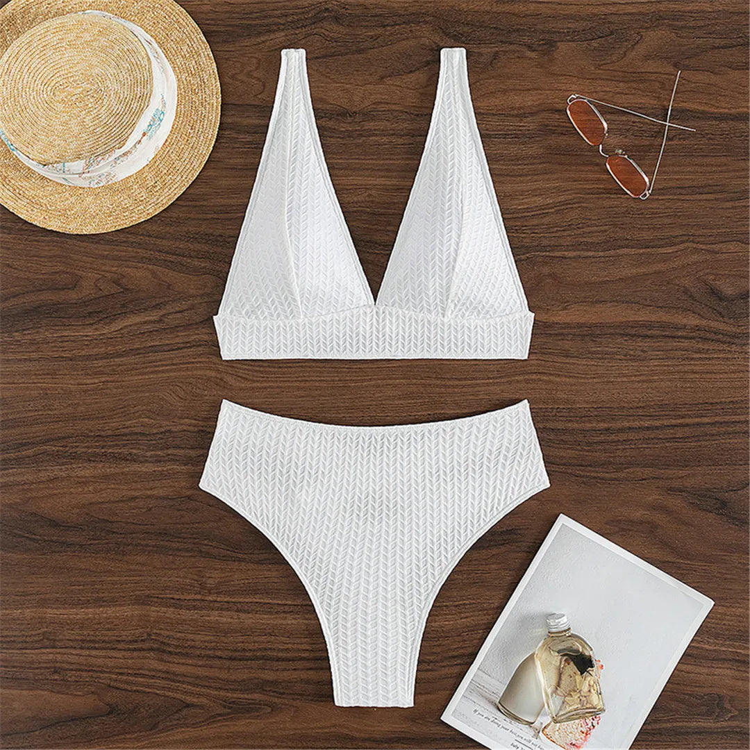 Cheeky Wrinkled V Neck High Waist Bikini Set for Women, Solid Pattern in White, Wire Free Swimwear, Fits True To Size, Available in Sizes XS to L, Modern yet Retro-inspired Two-Piece Design