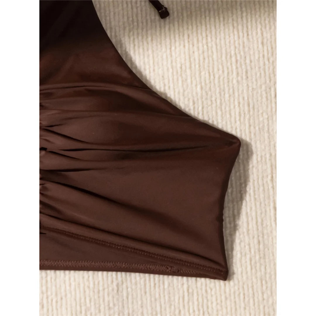 Halter Wrinkled High Neck Bikini Set in Coffee, Made of Nylon and Spandex, Wire Free and High Waist, Fits True to Size for Women aged 18-35 and Adults, Available in Stock with Free Shipping