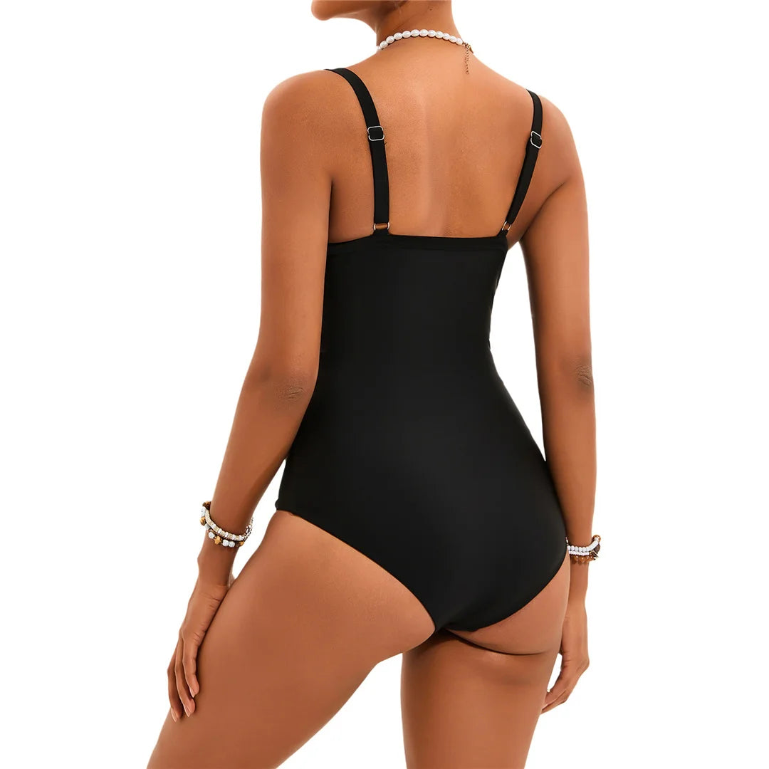 V-neck knotted high-cut leg one-piece swimsuit with padded support and elegant black design for women.