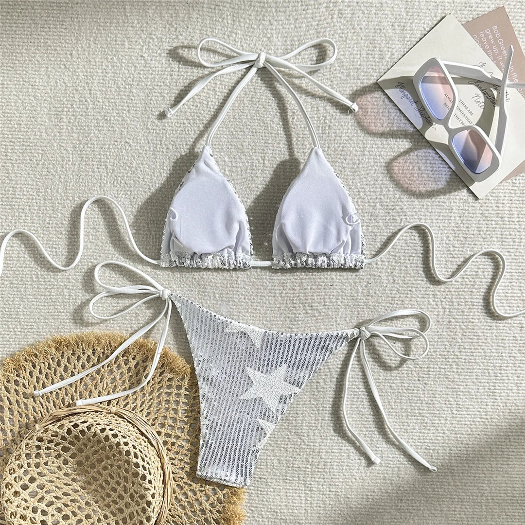 Shiny sequins halter bikini set, high-leg design, polyester spandex blend, wire-free support, low waist, women's solid two-piece swimwear, glamorous and chic style.