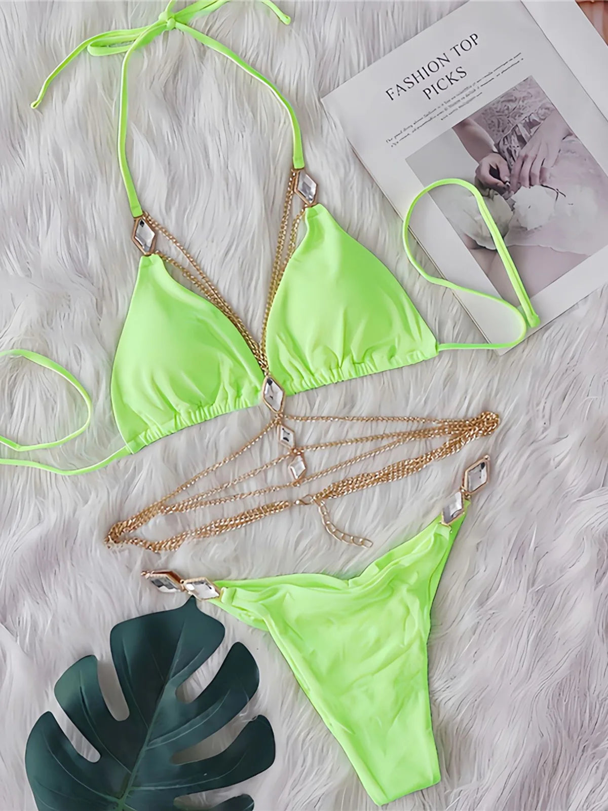 Diamond rhinestones halter bikini set, striking metal ring detail, polyester spandex blend, wire-free support, low waist, women&#39;s two-piece solid swimwear, luxurious and glamorous design.