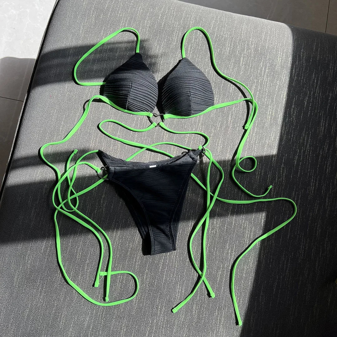 Stylish Wrap Around Halter Wrinkled Bikini Set for Women, Made from Nylon and Spandex, Wire Free Support, Solid Pattern, True To Size, Two Piece Design, Available in Sizes S, M, and L, Contemporary Textured Feel, Perfect for Beach Activities and Poolside Lounging, Available in Colors Black, White, Orange Red, Multicolor, Pink, Light Yellow, and Light Green