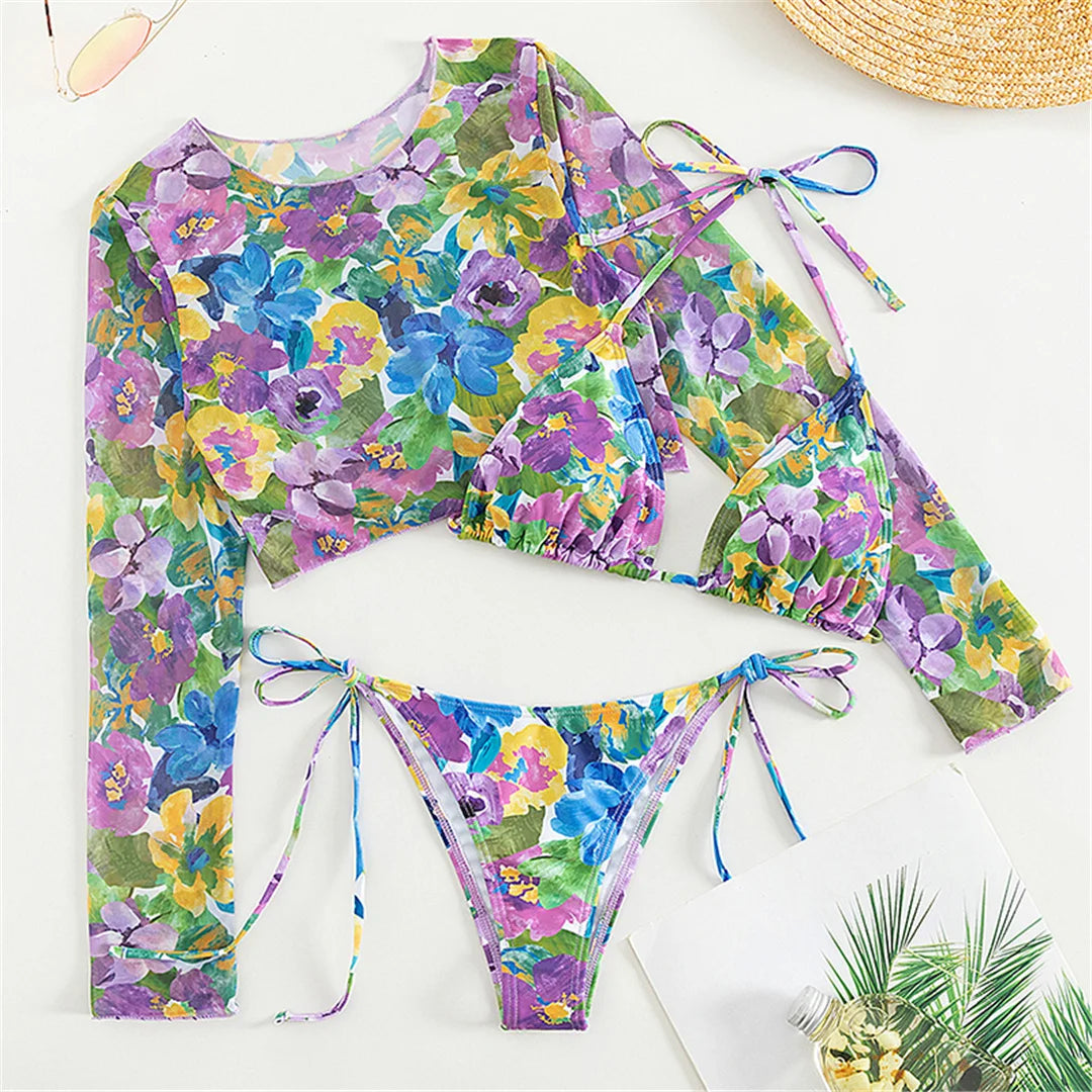 Ravishing Three-Piece Bikini Set with Charming Flower Print, Halter Top and Long Sleeves for Style and Sun Protection, Fresh, Feminine Swimwear, Material Nylon, Spandex, Print Pattern, Wire Free, Low Waist, Fits True to Size, Suitable for Women, Available in Print Design