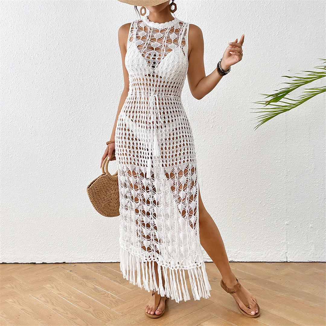 Fringe Tassel Hollow Out Crochet Tunic Beach Cover Up, Bohemian Style in Solid White, Made from Nylon, Polyester and Cotton, Available in Sizes S to XL, Fits True to Size for Women aged 18-35 and Adults, In Stock with Free Shipping