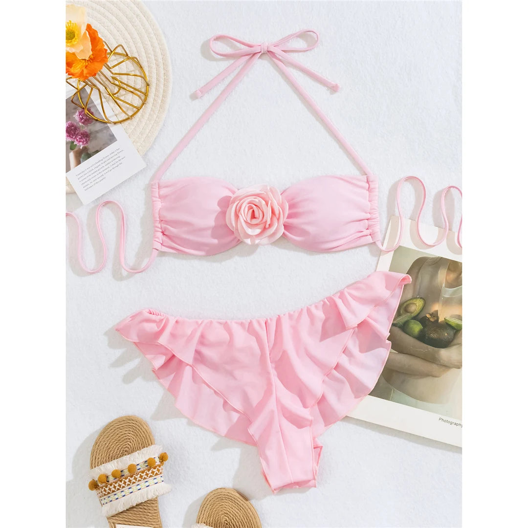 3D Flower Halter Ruffled Bikini Set in Pink, Made of Nylon and Spandex, Wire Free and Low Waist, Fits True to Size for Women aged 18-35 and Adults, Available in Stock with Free Shipping