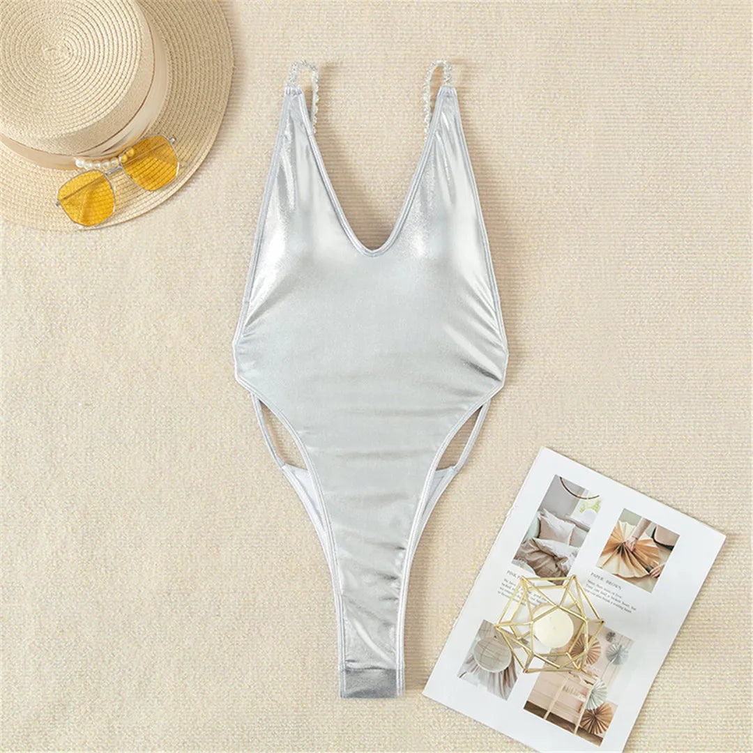 Diamond Rhinestone V Neck Thong Monokini for Women, High-Cut Silver One-Piece Swimwear with Sparkling Embellishments, Radiating Confidence and Glamour for a Dazzling Beach Style