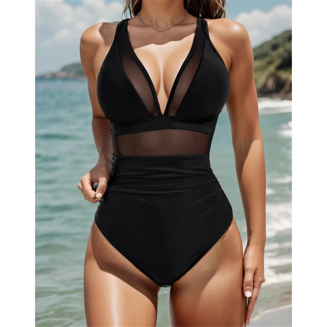 Mesh Sheer V Neck One Piece Swimsuit for Women, Daring Black Monokini with High Leg Cut, Enchanting and Sophisticated Design for Graceful Beach Style