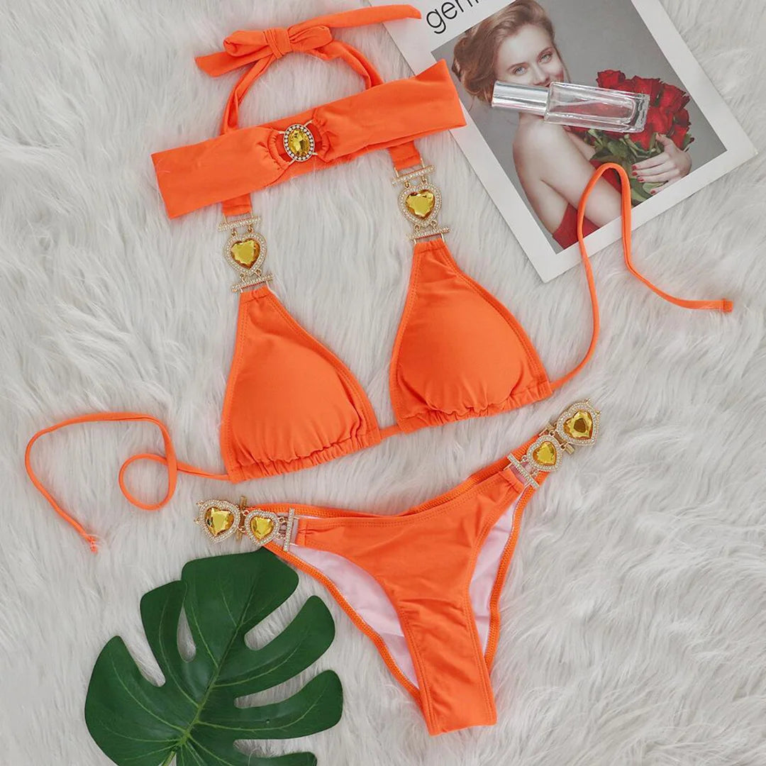 Diamond Rhinestone Bikini Set for Women in Green, Orange Red, Orange, Red, Multicolor, and Pink, Composed of Nylon and Spandex, Low-Waist Two-Piece Suit, Wire-Free, True to Size Fitting, With Pad, Suitable for Swim Sport, Available in Sizes S, M, L, New Condition, Available for Free Shipping, In stock, Intended for Age Group 18-35, Adult.