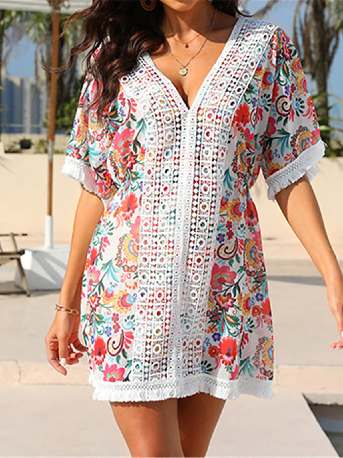 Flowers Printed Floral V-Neck Short Sleeve Tunic, Colorful Beach Cover-Up and Dress with Natural Beauty Design, Made from Nylon, Polyester, and Cotton, Fits True to Size, Ideal for Females, One Size Fits All, Floral Design