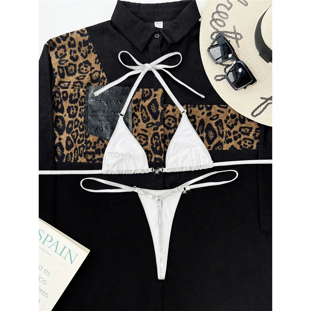 Sleek PU faux leather mini bikini set in silver. A daring two-piece swimwear with a unique texture and sheen, featuring wire-free support and low waist design. True to size, perfect for fashion-forward women.