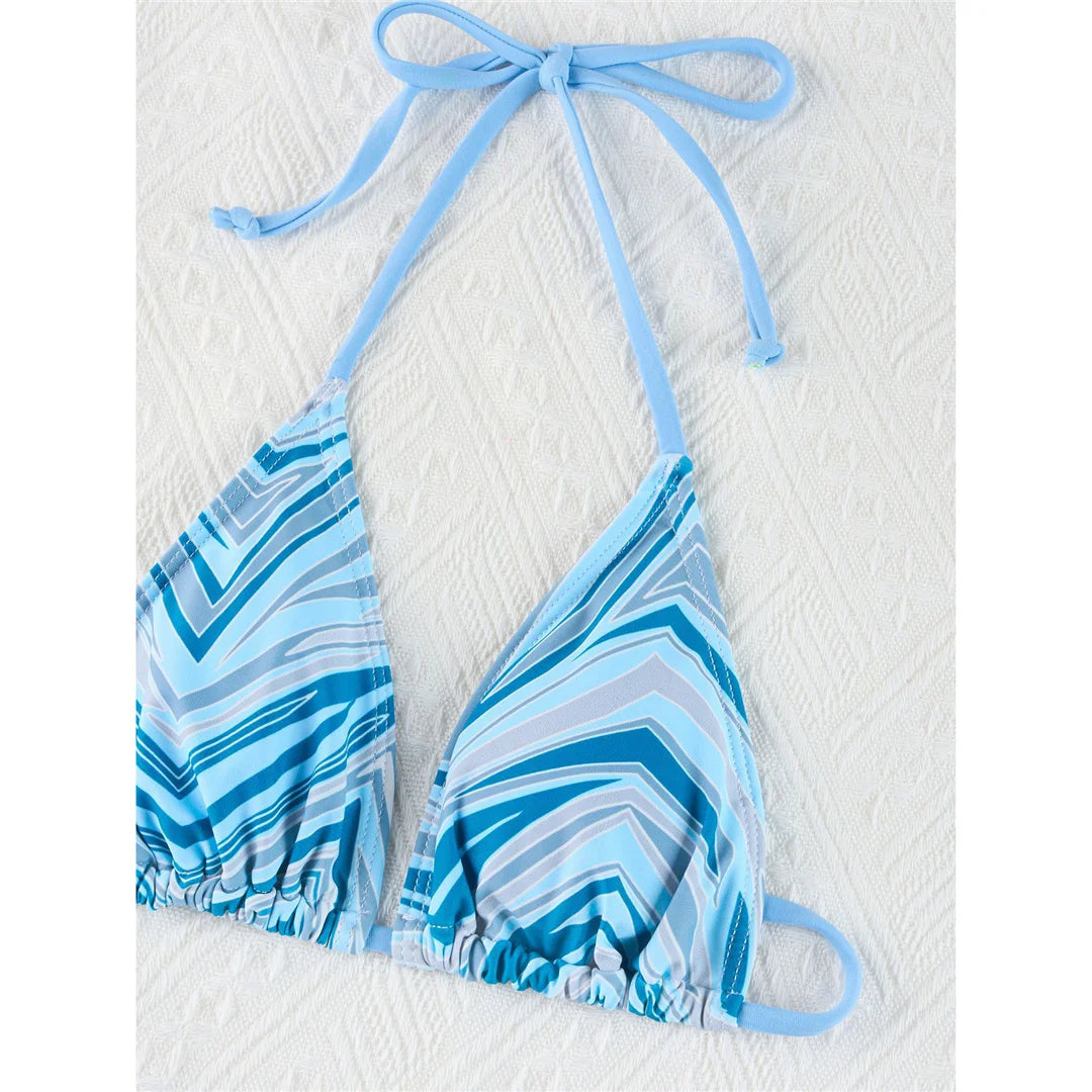 Four-Color Striped Halter Bikini Set in Yellow, Black, Blue, and Coffee, Crafted from Nylon and Spandex. Features High-Leg Cut, Wire Free Support, and Low Waist Design. Ideal for Middle-Aged Women. Fits True to Size and Comes with Padding for Extra Comfort. Brand New and in Stock.